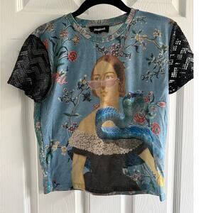Desigual Art Graphic Portrait Top Women’s Medium Floral Snake Print Mesh Tee